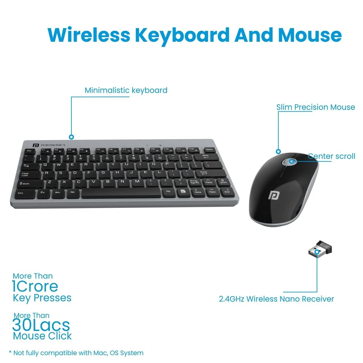 Portronics key2 combo multimedia usb wireless keyboard and mouse set with 2. 4 ghz wireless technology soft silent button compact size grey 2 portronics key2 combo multimedia wireless keyboard & mouse